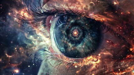 Close up to human eye in space with stars and nebula. 3d rendering.