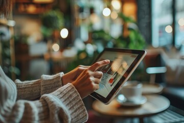 A person using a tablet to shop online while sitting in a cafe