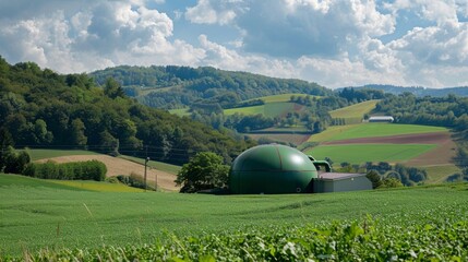 Surrounded by rolling hills and lush greenery a small biogas plant provides sustainable energy for a nearby farm.