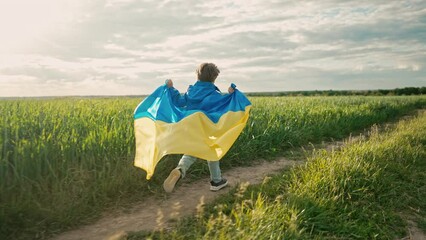 Happy little boy ukrainian patriot child running with national flag. Countryside