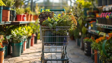 A shopping cart filled with gardening supplies in a garden center