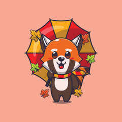 Cute red panda with umbrella at autumn season