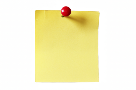 A yellow sticky note with a red pin isolated on a white background, in the style of a png photo stock.