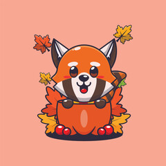 Cute red panda in a pumpkin at autumn season