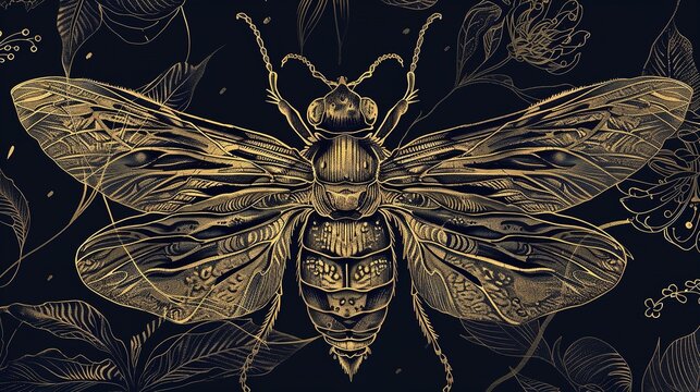A shiny gold bee stands out against a stark black background, creating a striking contrast in colors