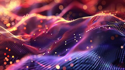 This image features a dynamic wave of glowing particles creating a flow of energy and light against a dark backdrop
