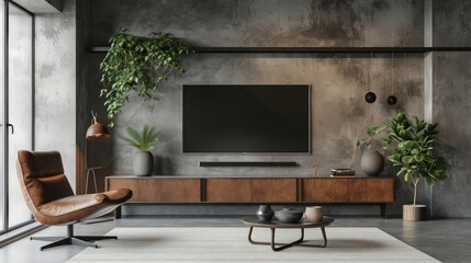 Living room interior have cabinet for tv and leather armchair in cement room with concrete wall.3d rendering