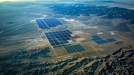 An aerial view of the plant showing the vast expanse of solar panels and the surrounding desert landscape.