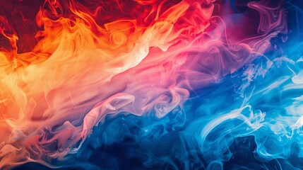 A dynamic abstract image with a fluid blend of red, orange, and blue swirls that evoke a sense of...