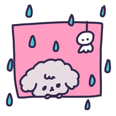 てるてる坊主とかわいいトイプードルの子犬のイラスト（雨降り）