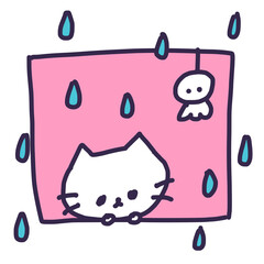 てるてる坊主とかわいい白い色の子猫のイラスト（雨降り）