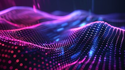 This image shows a vibrant abstract visualization of a digital wave pattern with glowing dots and dynamic lines on a dark background