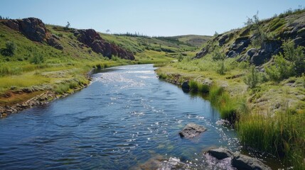 A serene river winding through an area that was once affected by mining now restored and thriving with life.