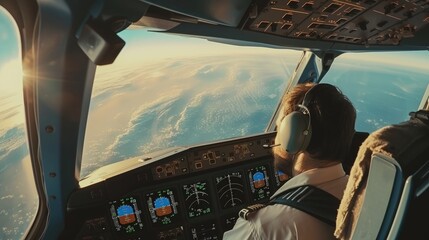 Confident professional pilot flying aircraft while sitting at plane cockpit and focusing on using...