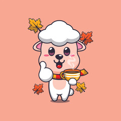 Cute sheep with coffee in autumn season