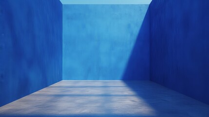 Royal blue empty Studio room for product placement or as a design template with wall angle in a full frame view