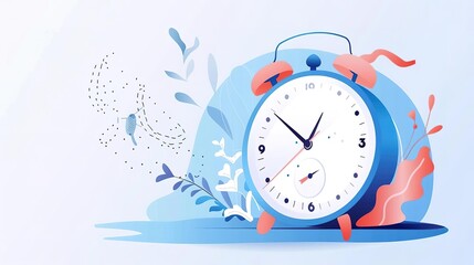 A beautiful illustration of a blue and pink alarm clock with a white dial. The clock is surrounded by colorful leaves and flowers. The clock is set to 7:00.