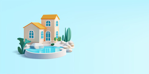 3D villa with a pool. A classic luxury home for vacation rentals and reservations. Banner for vacation, weekend, best summer concepts. Vector