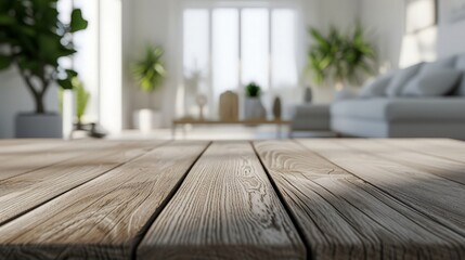 Wooden table top with blur of modern living room interior. 3D Render