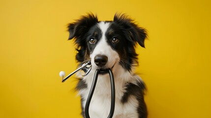 Puppy dog border collie holding stethoscope in mouth isolated on yellow background.