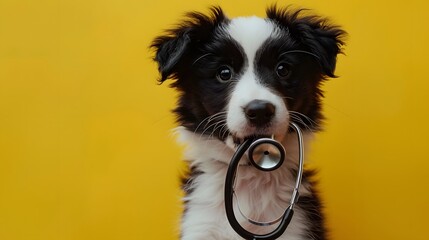 Puppy dog border collie holding stethoscope in mouth isolated on yellow background.