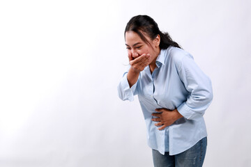 Asian Woman suffering from stomach ache and nausea on white background. Food poisoning