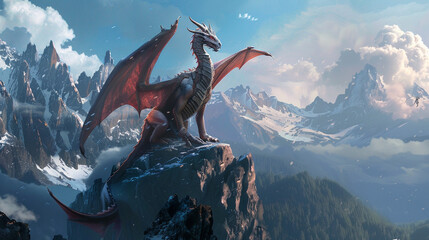 A majestic dragon perched on a mountaintop, wings spread wide.