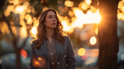 A contemplative woman stands bathed in the warm, golden light of sunset on a quiet city street, surrounded by bokeh lights