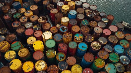 A birds eye view of a sea of oil drums on a shipping dock.