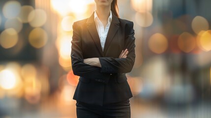 A professional woman stands confidently with arms crossed wearing a business suit against a blurred city background