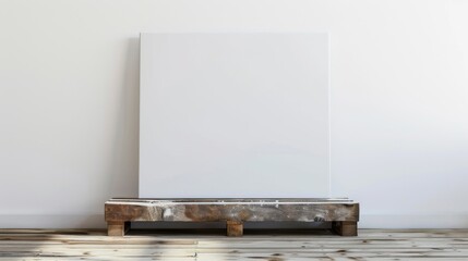 A blank white canvas resting on a wooden pallet against a plain wall, representing potential and creativity