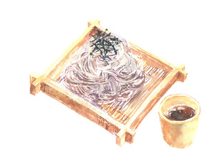 水彩で描いたざるそばのイラスト