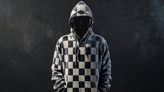 dark figure in hooded checkered jumper black and white 