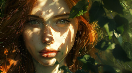 portrait of a red haired woman with shadows
