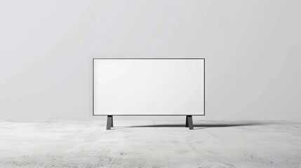 A contemporary, widescreen blank TV standing on a sleek pair of legs against a white studio background with soft shadows