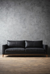 interior background with black sofa and gray concrete background