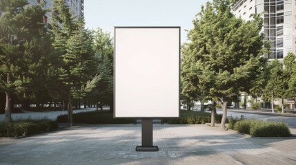 An empty vertical billboard stands prominently in a sunny outdoor setting between green trees and urban buildings