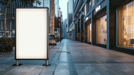 An empty billboard with lighting stands on a city sidewalk at night, with storefronts and buildings in the background