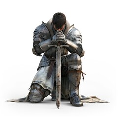 illustration of a medieval knight kneeling in prayer with a sword, realistic on a white background 
