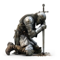 illustration of a medieval knight kneeling in prayer with a sword, realistic on a white background 
