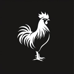 Fototapeta na wymiar Rooster logo illustration, side view in thick white outline on a black background 
