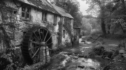 A vintage waterwheel working tirelessly in a peaceful countryside.