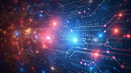 Obraz premium A computer chip with a blue background and red and purple lines