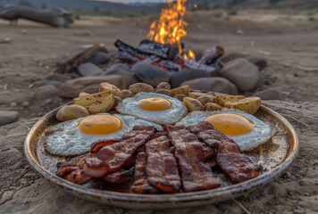 Healthy breakfasts at the campsite with bacon and breakfast potatoes in a style that merges nature-inspired imagery, meticulously crafted scenes, wilderness elements, and regionalism.