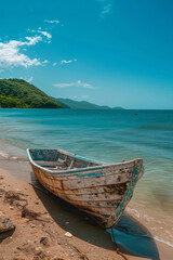 Fototapeta premium A boat on a beach in a style that includes dreamy and romantic compositions, and landscape elements.