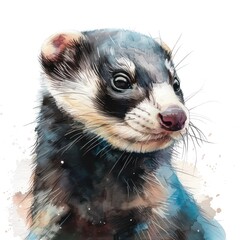 artistic watercolor of a ferret with some nature landscape, whole body on a white background
