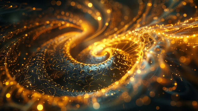 A beautiful golden abstract image with a wave of bright ohms in a style that merges nightscapes, glitter, tilt shift, spirals, and pictorial space.