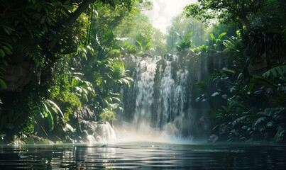 A waterfall with very huge water surrounded by a lush green jungle area is portrayed in a style that includes multilayered texture, dark white and light navy tones, and traditional elements.