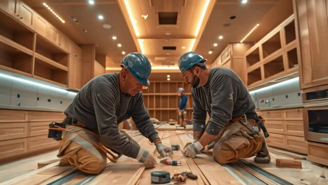 The team installed the wooden floor in the kitchen. Showcase complete kitchen equipment