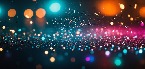 Fototapeta premium Bokeh sparkles, lights background, New Year's concert, festival, party, dark night, creative abstract backdrop, floor, confetti abstract
